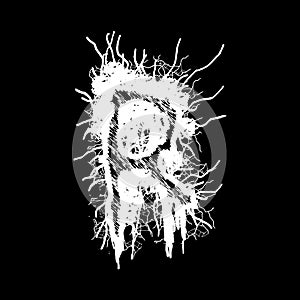 Metal music band`s font.White letter with smudges on black background. photo